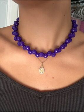 J. Crew Purple Beaded Necklace with Gold Pendant